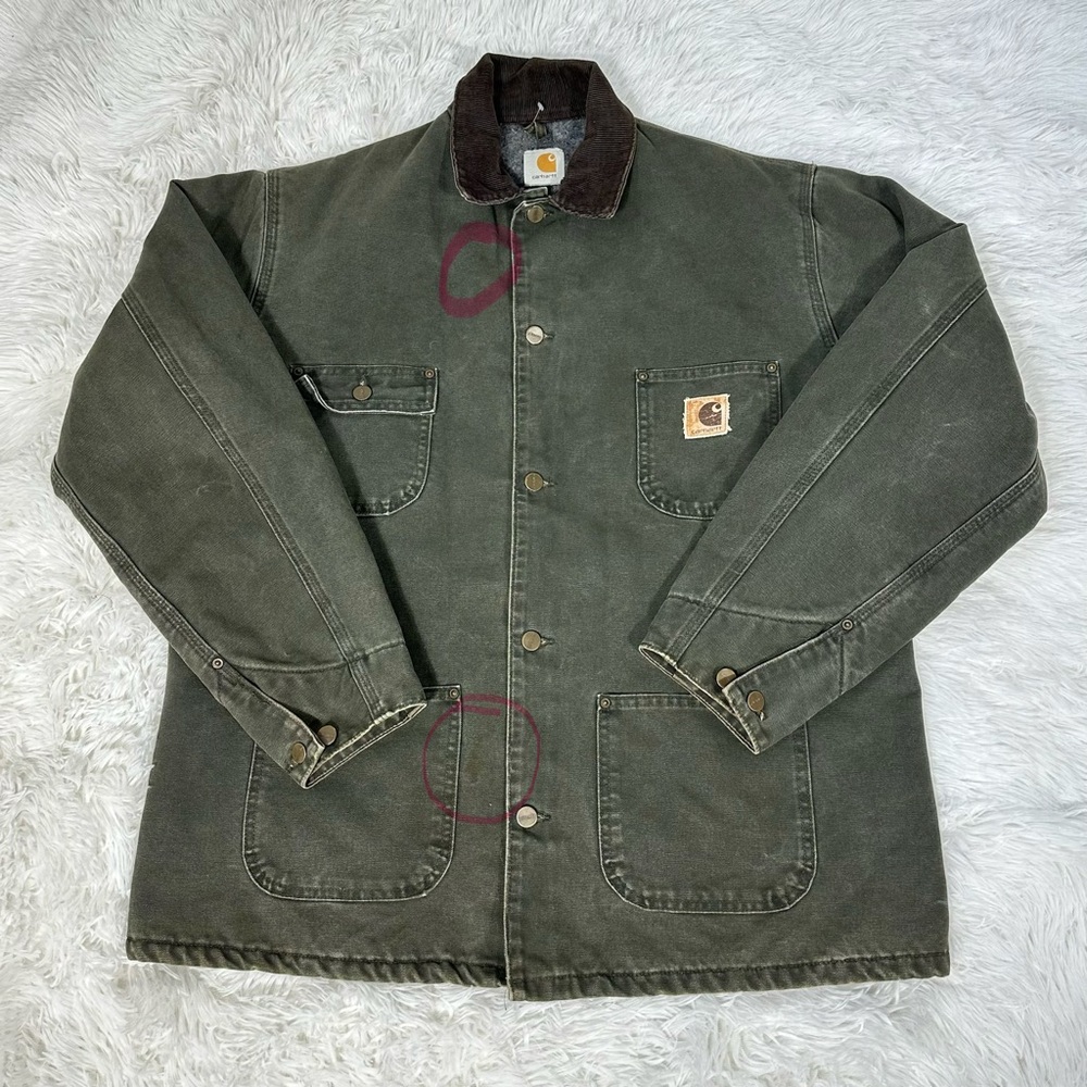 Vintage Carhartt Green Chore Jacket Blanket Lined Workwear Coat Brown Collar XL - Picture 4 of 16